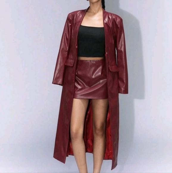 Punk Party Outfit: PU Leather Long Blazer Jacket Paired With Mini Skirt 2pcs Set - Picture 2 of 4
